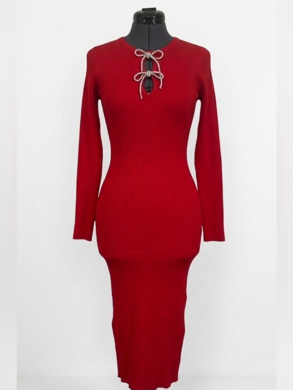 Madden Girl Red Ribbed Long Sleeve Midi Dress with Tie Detail